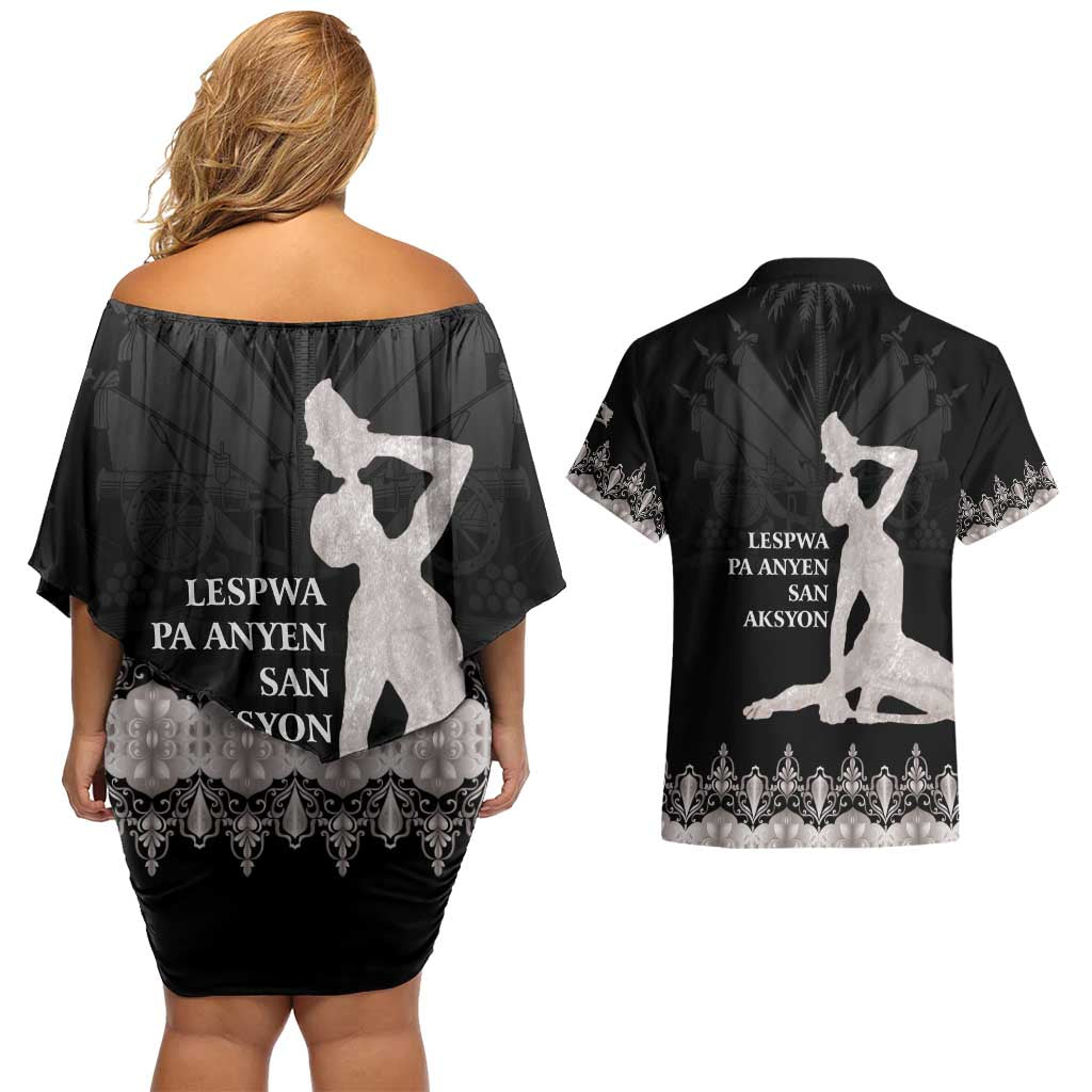 Haiti Neg Marron Silver Couples Matching Off Shoulder Short Dress and Hawaiian Shirt Hope is Nothing Without Action