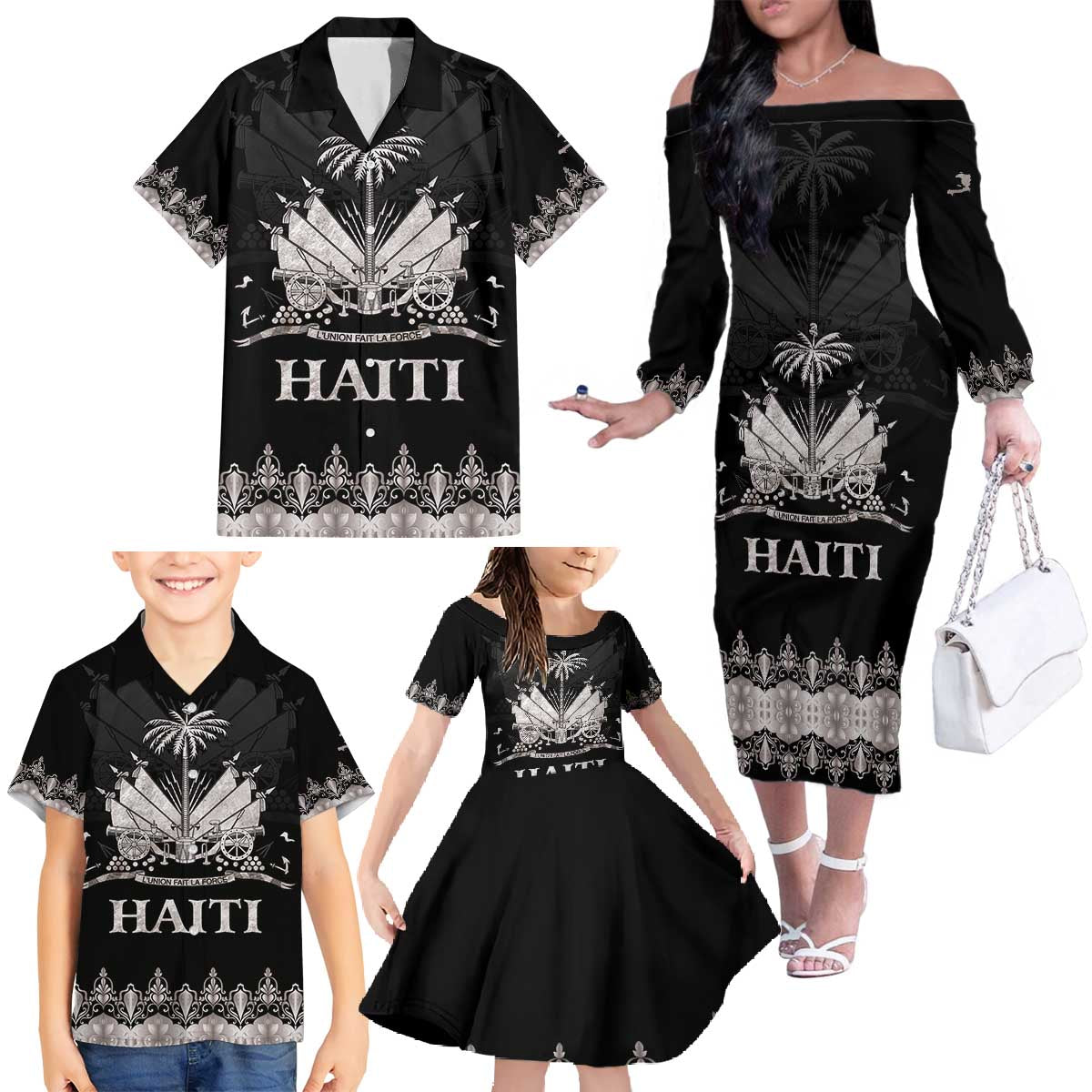 Haiti Neg Marron Silver Family Matching Off The Shoulder Long Sleeve Dress and Hawaiian Shirt Hope is Nothing Without Action LT01 - Polynesian Pride