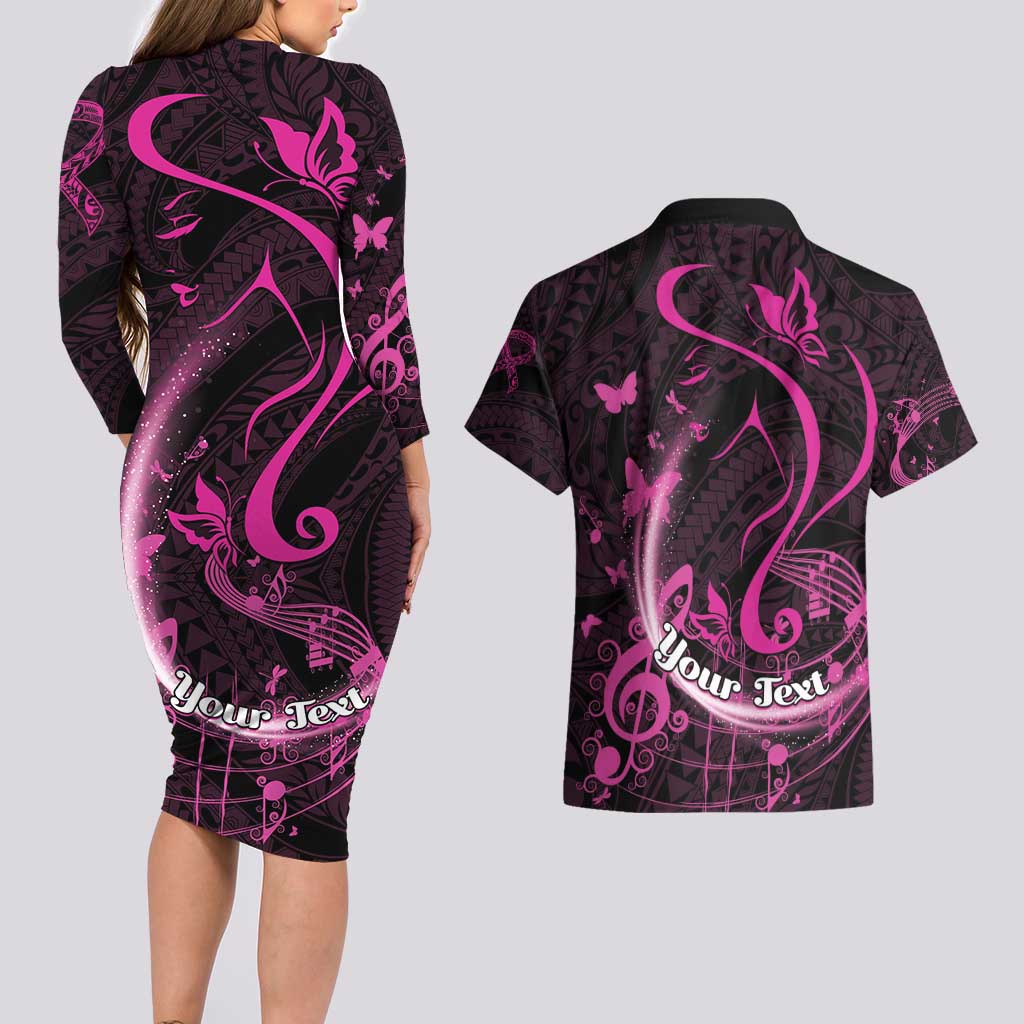 Personalised Survivor Melody Pink Couples Matching Long Sleeve Bodycon Dress and Hawaiian Shirt Breast Cancer Polynesian Pattern