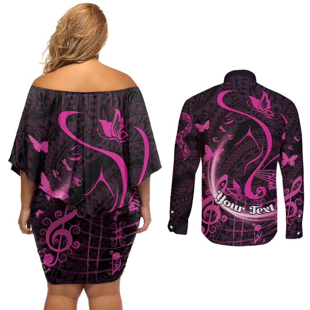 Personalised Survivor Melody Pink Couples Matching Off Shoulder Short Dress and Long Sleeve Button Shirt Breast Cancer Polynesian Pattern