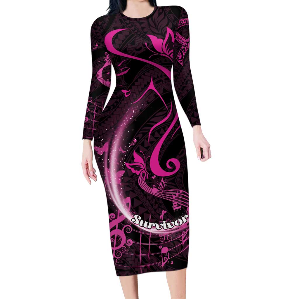 Personalised Survivor Melody Pink Family Matching Long Sleeve Bodycon Dress and Hawaiian Shirt Breast Cancer Polynesian Pattern LT01 Mom's Dress Pink - Polynesian Pride