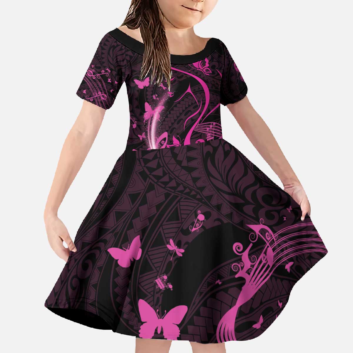 Personalised Survivor Melody Pink Family Matching Off The Shoulder Long Sleeve Dress and Hawaiian Shirt Breast Cancer Polynesian Pattern LT01 Daughter's Dress Pink - Polynesian Pride