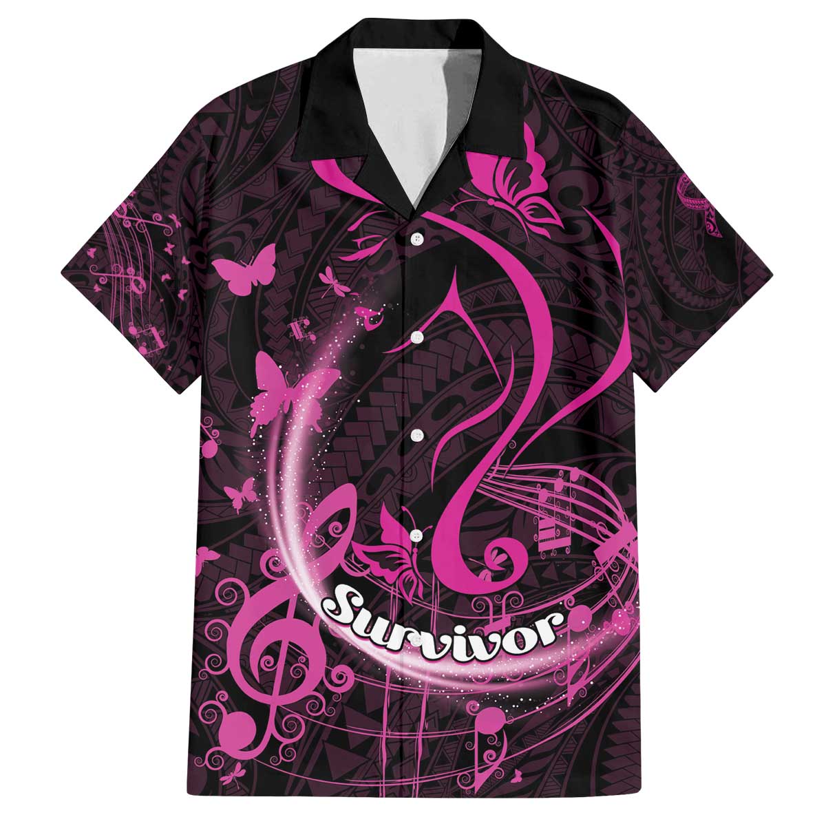 Personalised Survivor Melody Pink Family Matching Off The Shoulder Long Sleeve Dress and Hawaiian Shirt Breast Cancer Polynesian Pattern LT01 Dad's Shirt - Short Sleeve Pink - Polynesian Pride