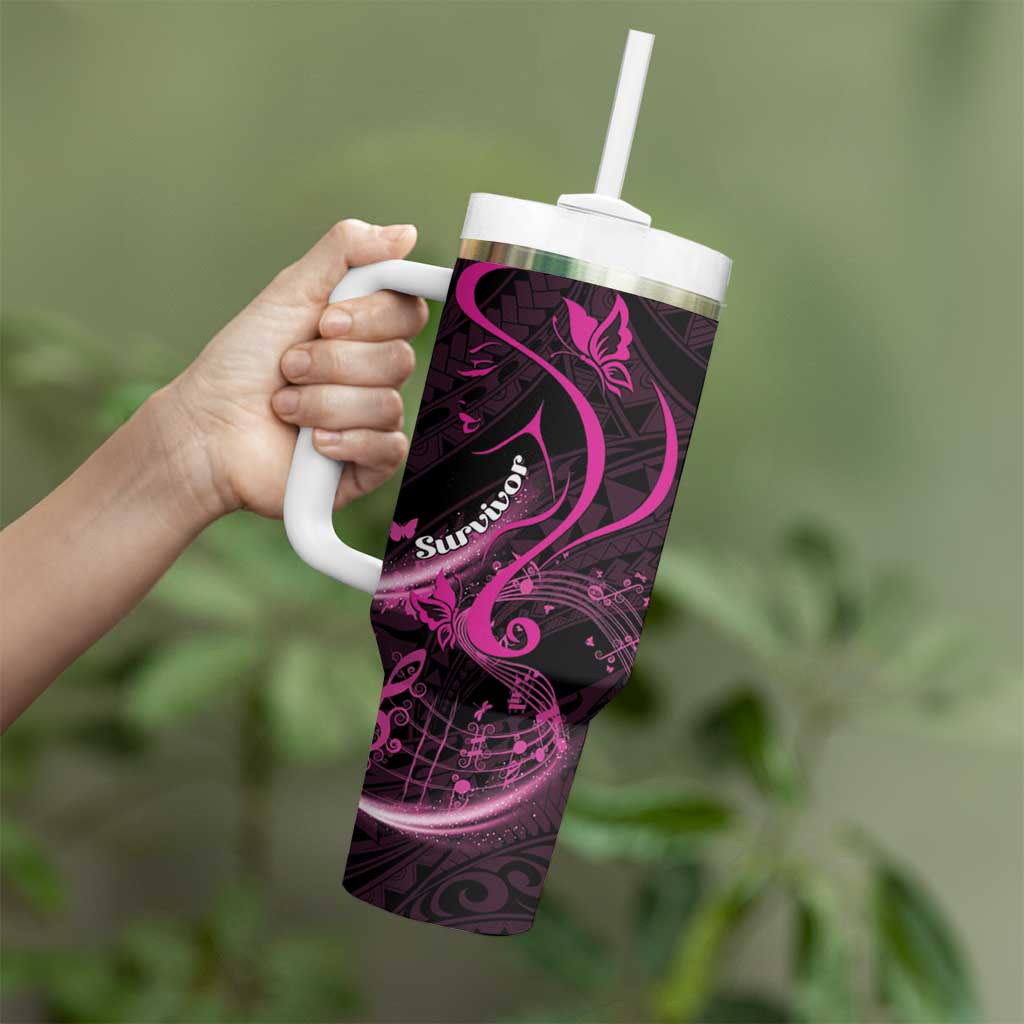 Personalised Survivor Melody Pink Tumbler With Handle Breast Cancer Polynesian Pattern
