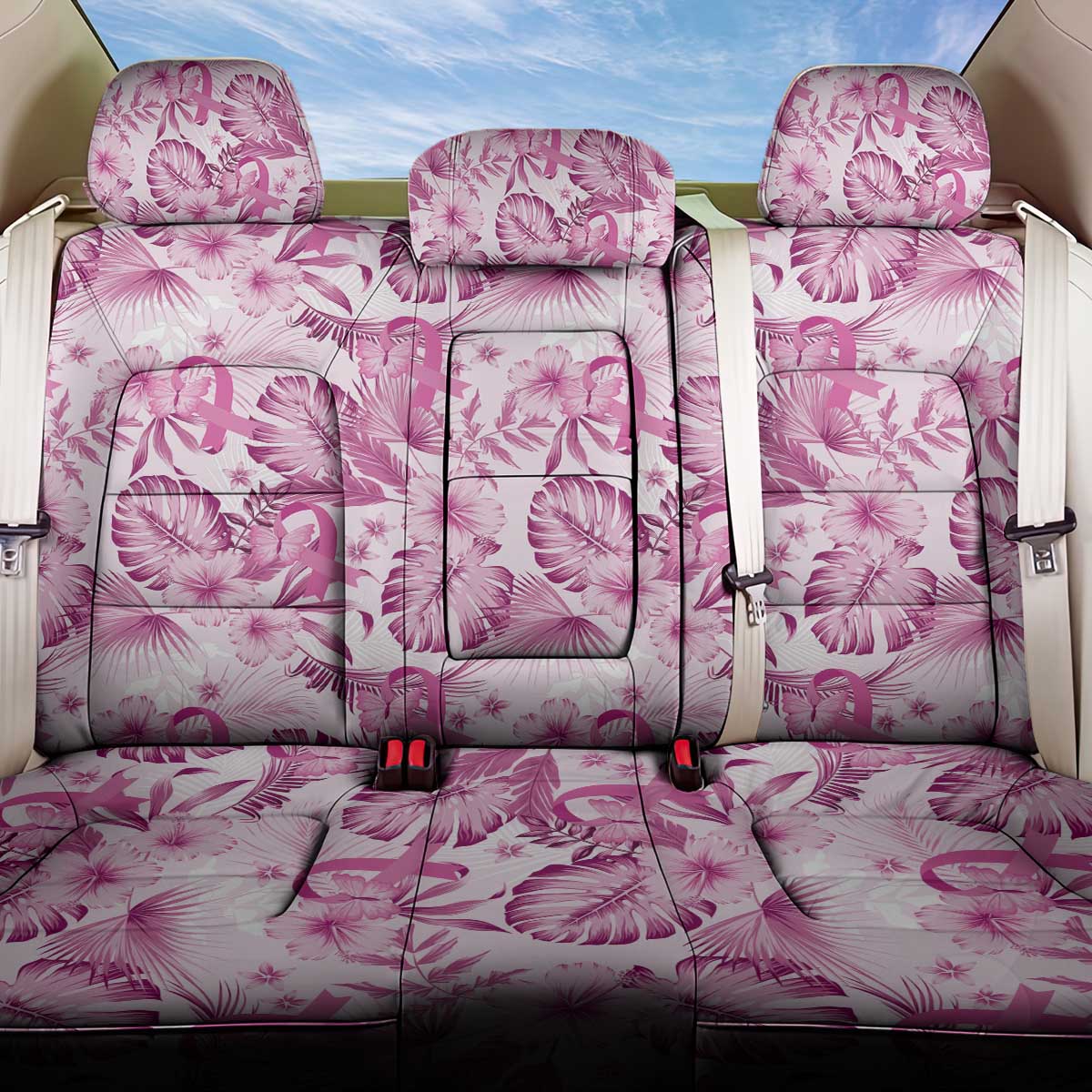 Pink Ribbon Hibiscus Tropical Pattern Back Car Seat Cover Breast Cancer LT01 One Size Pink - Polynesian Pride