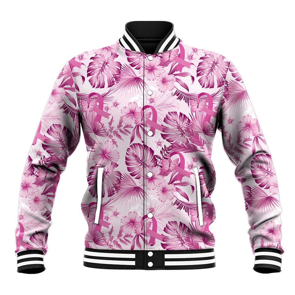 Pink Ribbon Hibiscus Tropical Pattern Baseball Jacket Breast Cancer