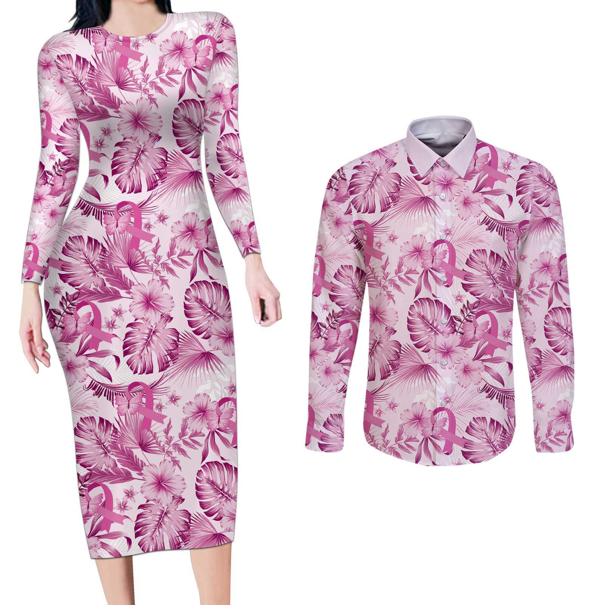 Pink Ribbon Hibiscus Tropical Pattern Couples Matching Long Sleeve Bodycon Dress and Long Sleeve Button Shirt Breast Cancer