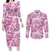 Pink Ribbon Hibiscus Tropical Pattern Couples Matching Long Sleeve Bodycon Dress and Long Sleeve Button Shirt Breast Cancer