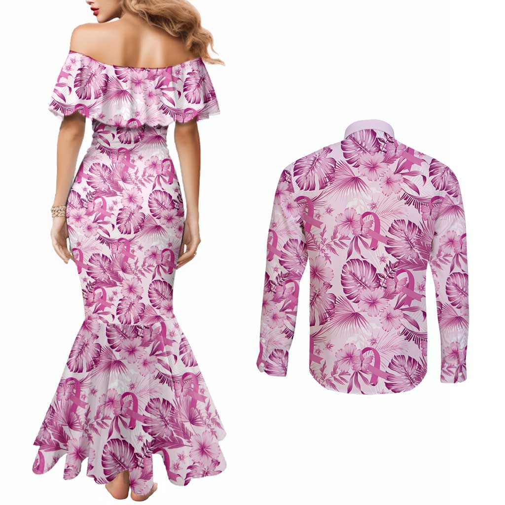 Pink Ribbon Hibiscus Tropical Pattern Couples Matching Mermaid Dress and Long Sleeve Button Shirt Breast Cancer