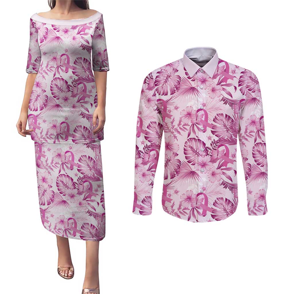 Pink Ribbon Hibiscus Tropical Pattern Couples Matching Puletasi and Long Sleeve Button Shirt Breast Cancer