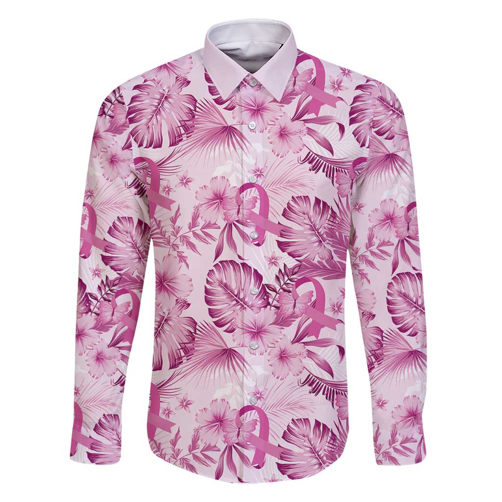 Pink Ribbon Hibiscus Tropical Pattern Family Matching Long Sleeve Bodycon Dress and Hawaiian Shirt Breast Cancer