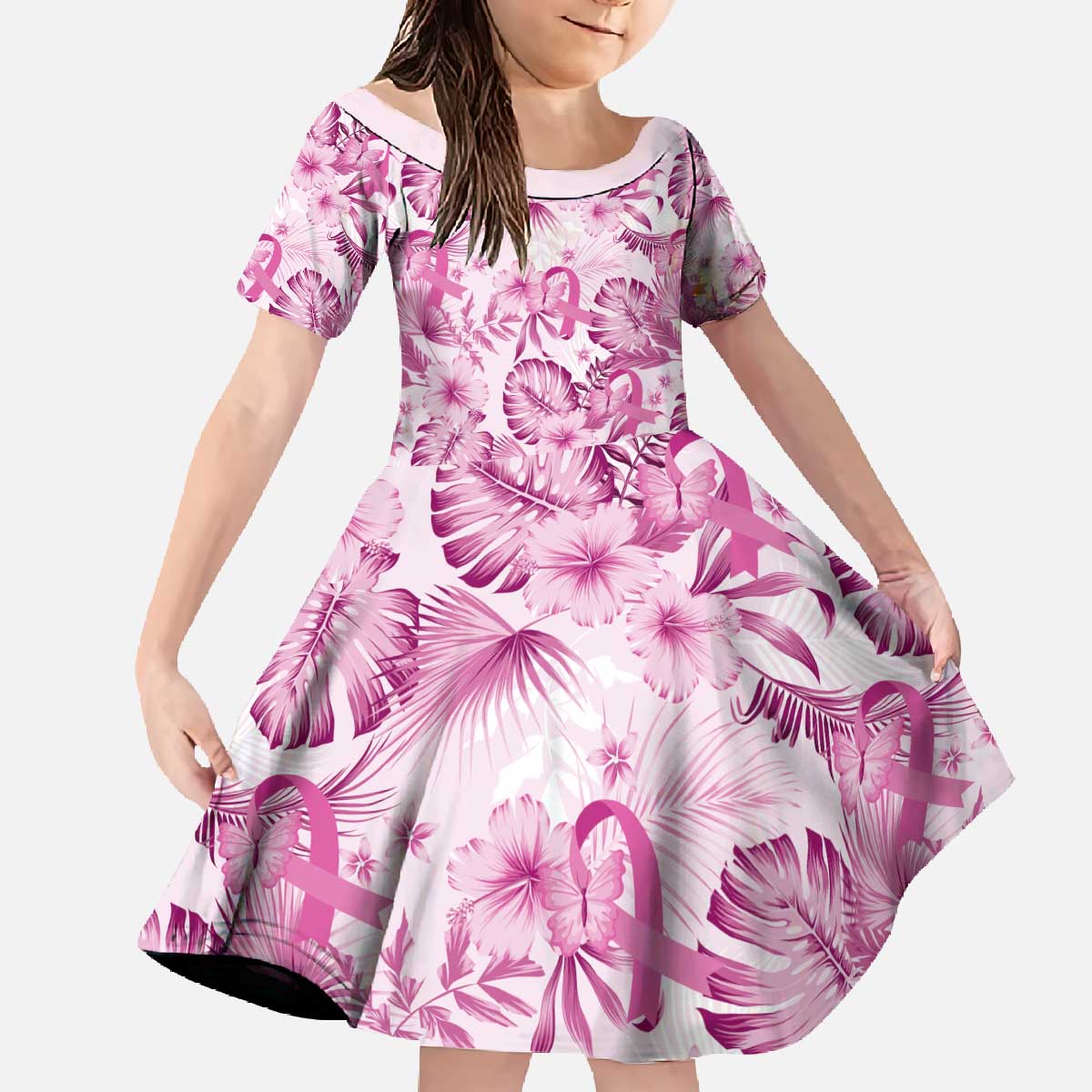 Pink Ribbon Hibiscus Tropical Pattern Family Matching Off The Shoulder Long Sleeve Dress and Hawaiian Shirt Breast Cancer LT01 Daughter's Dress Pink - Polynesian Pride