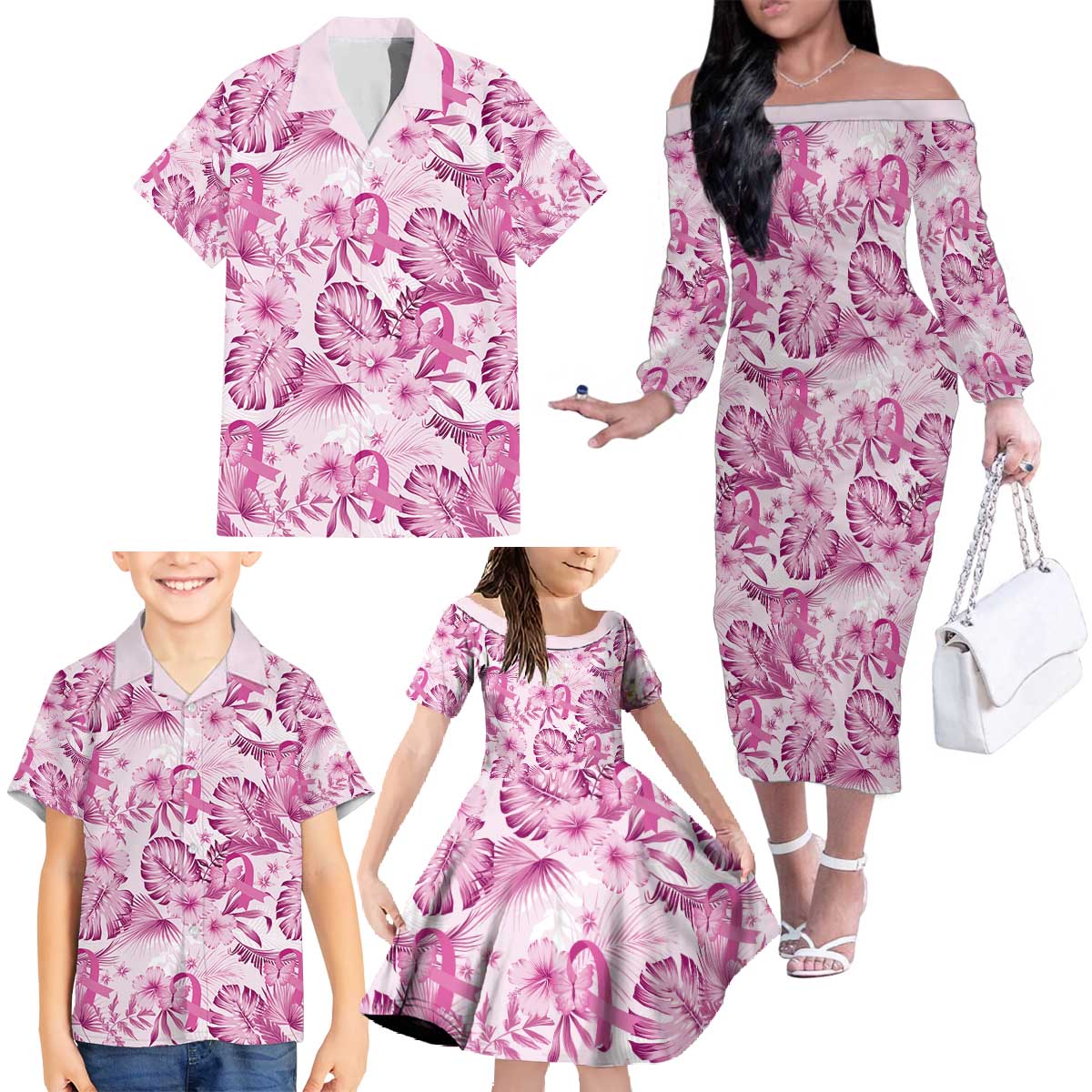 Pink Ribbon Hibiscus Tropical Pattern Family Matching Off The Shoulder Long Sleeve Dress and Hawaiian Shirt Breast Cancer LT01 - Polynesian Pride