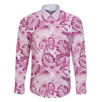 Pink Ribbon Hibiscus Tropical Pattern Family Matching Off The Shoulder Long Sleeve Dress and Hawaiian Shirt Breast Cancer LT01 Dad's Shirt - Long Sleeve Pink - Polynesian Pride
