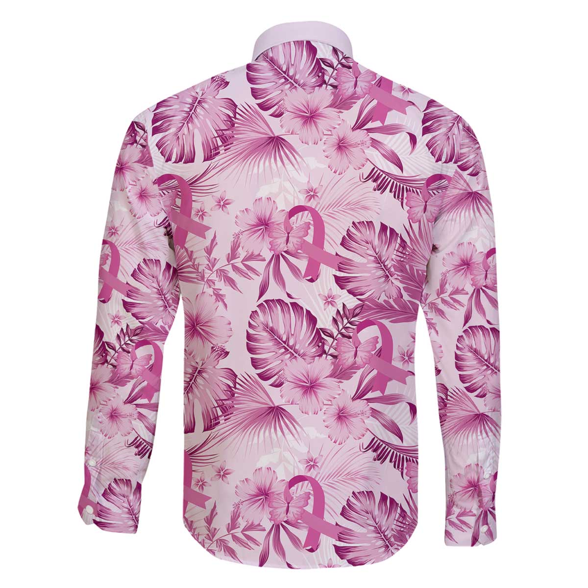 Pink Ribbon Hibiscus Tropical Pattern Family Matching Off The Shoulder Long Sleeve Dress and Hawaiian Shirt Breast Cancer LT01 - Polynesian Pride