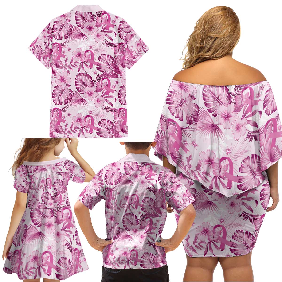 Pink Ribbon Hibiscus Tropical Pattern Family Matching Off Shoulder Short Dress and Hawaiian Shirt Breast Cancer LT01 - Polynesian Pride