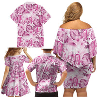 Pink Ribbon Hibiscus Tropical Pattern Family Matching Off Shoulder Short Dress and Hawaiian Shirt Breast Cancer LT01 - Polynesian Pride