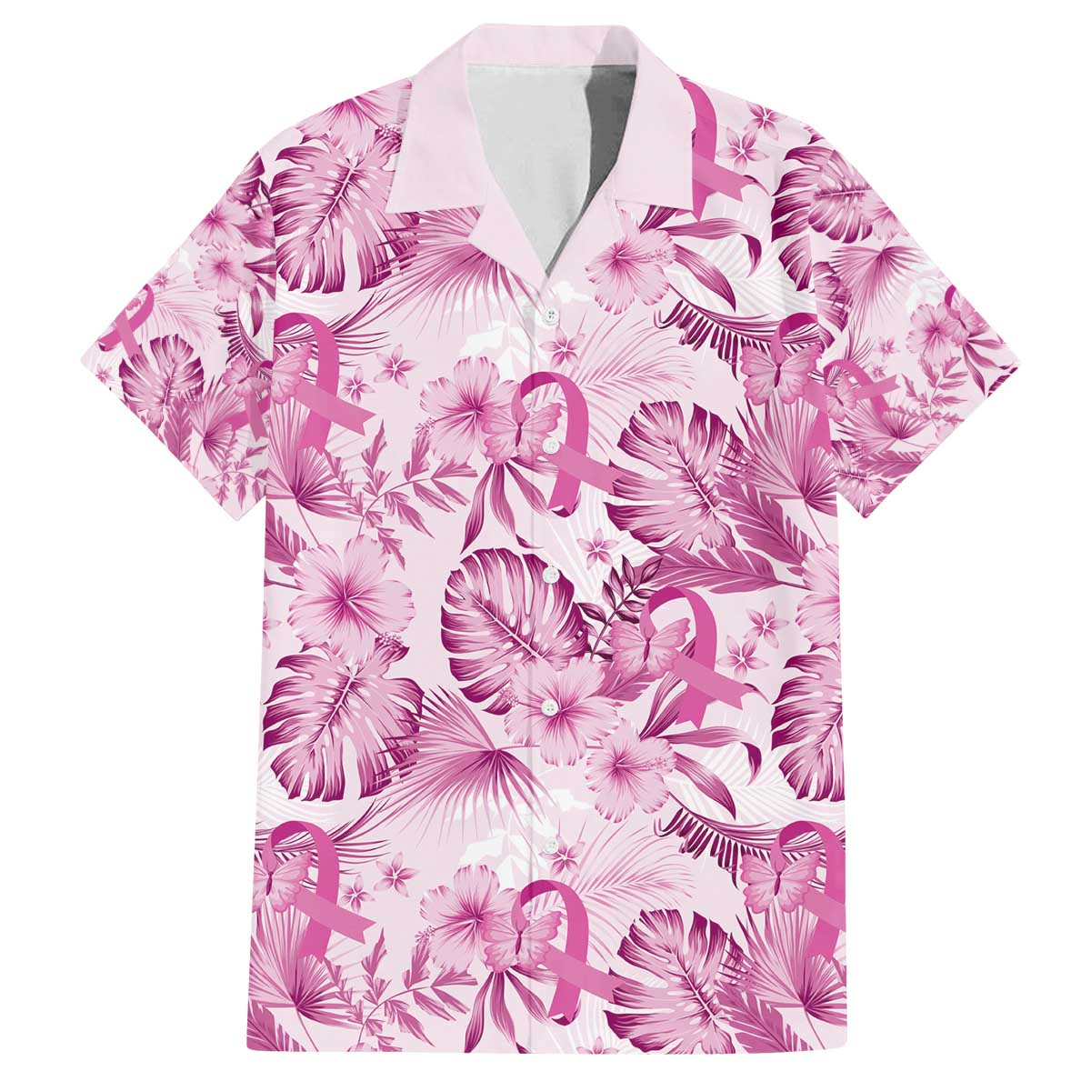 Pink Ribbon Hibiscus Tropical Pattern Family Matching Off Shoulder Short Dress and Hawaiian Shirt Breast Cancer LT01 Dad's Shirt - Short Sleeve Pink - Polynesian Pride