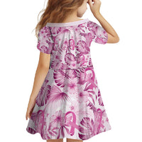 Pink Ribbon Hibiscus Tropical Pattern Family Matching Short Sleeve Bodycon Dress and Hawaiian Shirt Breast Cancer