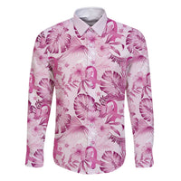 Pink Ribbon Hibiscus Tropical Pattern Family Matching Tank Maxi Dress and Hawaiian Shirt Breast Cancer LT01 Dad's Shirt - Long Sleeve Pink - Polynesian Pride