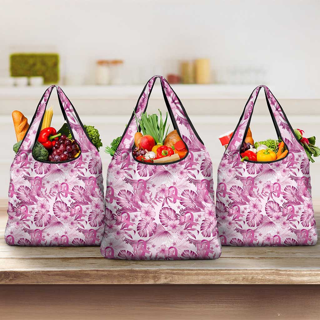 Pink Ribbon Hibiscus Tropical Pattern Grocery Bag Breast Cancer
