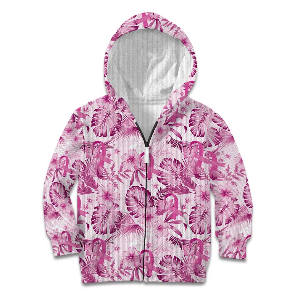 Pink Ribbon Hibiscus Tropical Pattern Kid Hoodie Breast Cancer LT01 Zip Hoodie Pink - Polynesian Pride