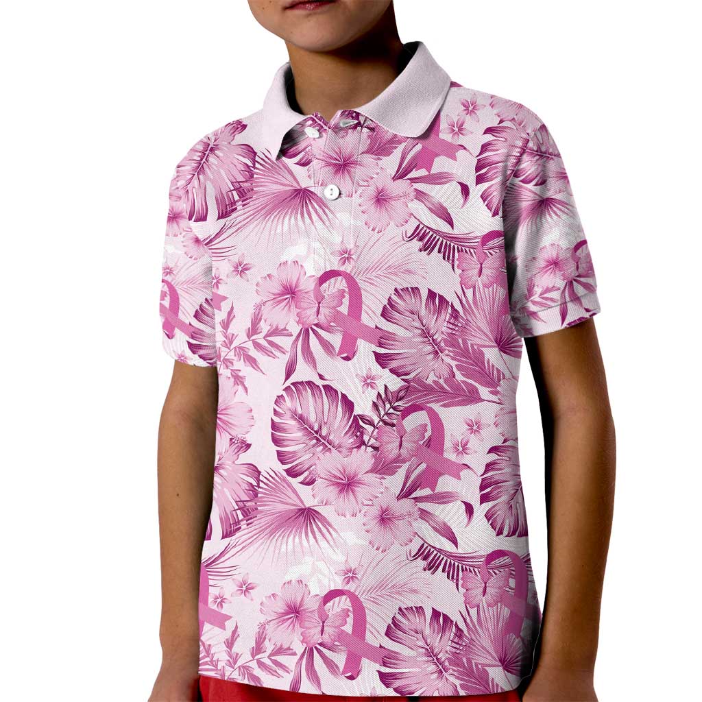 Pink Ribbon Hibiscus Tropical Pattern Kid Polo Shirt Breast Cancer