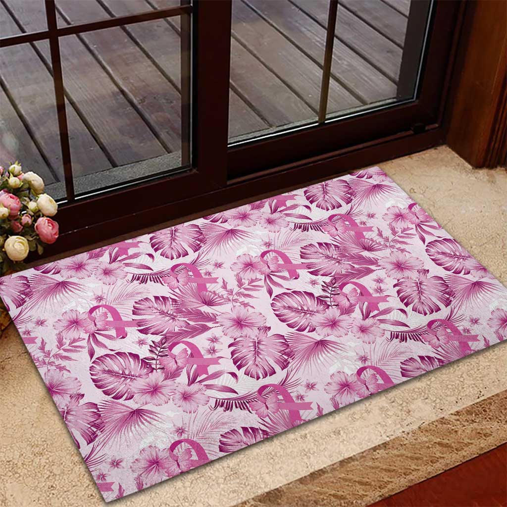 Pink Ribbon Hibiscus Tropical Pattern Rubber Doormat Breast Cancer