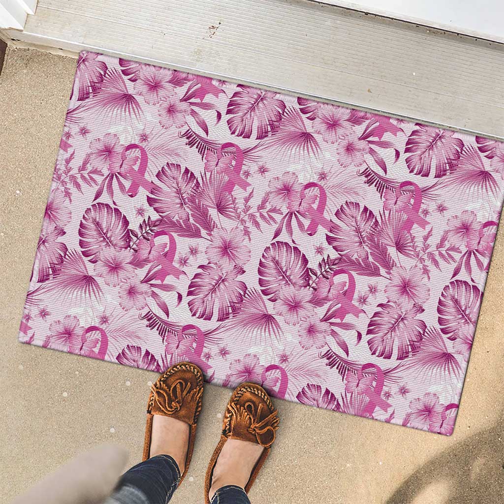 Pink Ribbon Hibiscus Tropical Pattern Rubber Doormat Breast Cancer