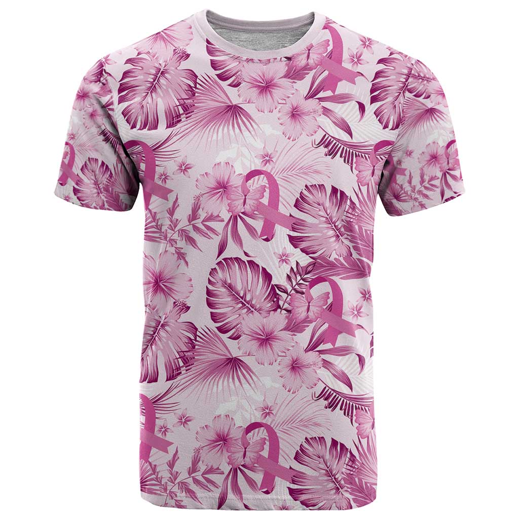 Pink Ribbon Hibiscus Tropical Pattern T Shirt Breast Cancer