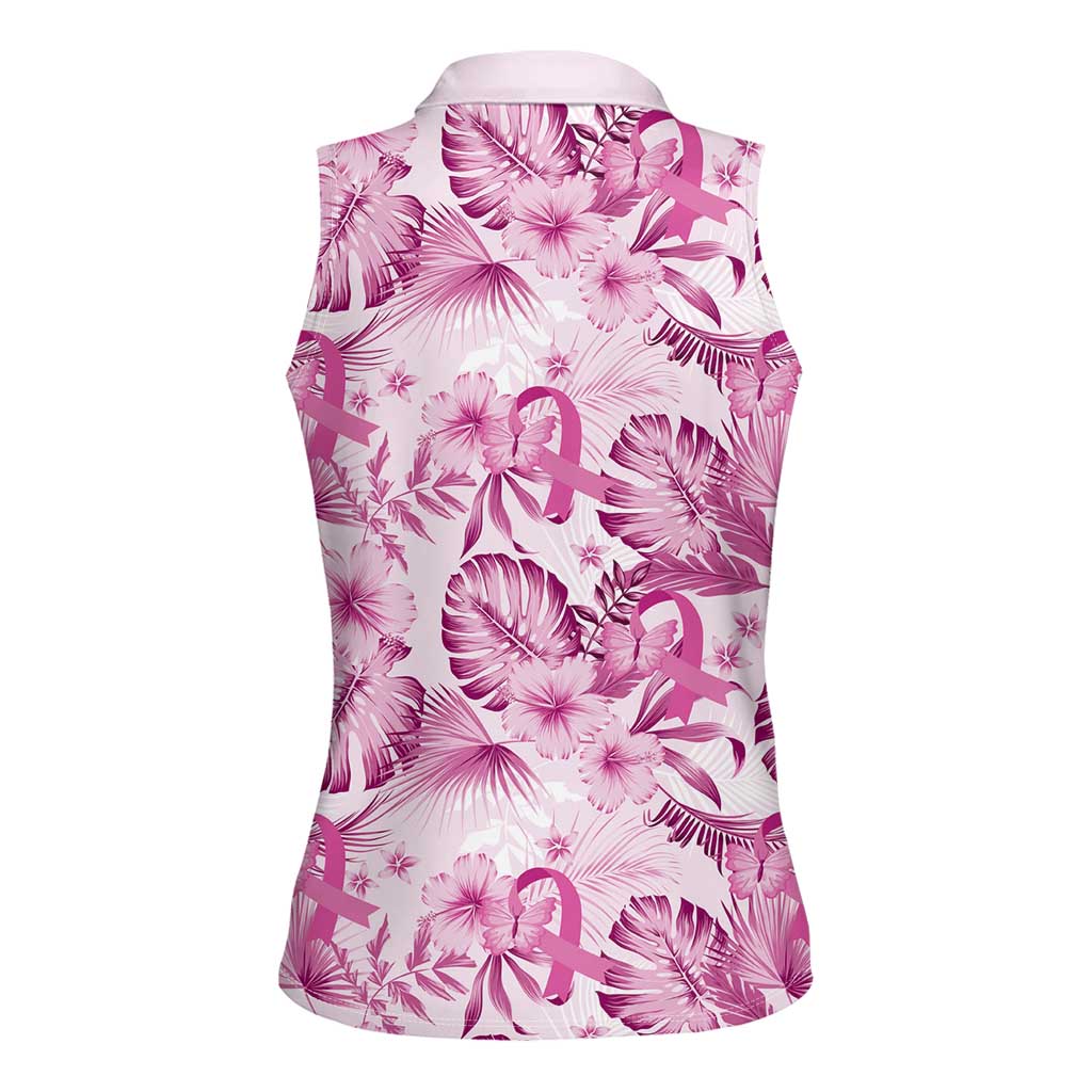 Pink Ribbon Hibiscus Tropical Pattern Women Sleeveless Polo Shirt Breast Cancer