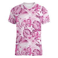 Pink Ribbon Hibiscus Tropical Pattern Women V-Neck T-Shirt Breast Cancer