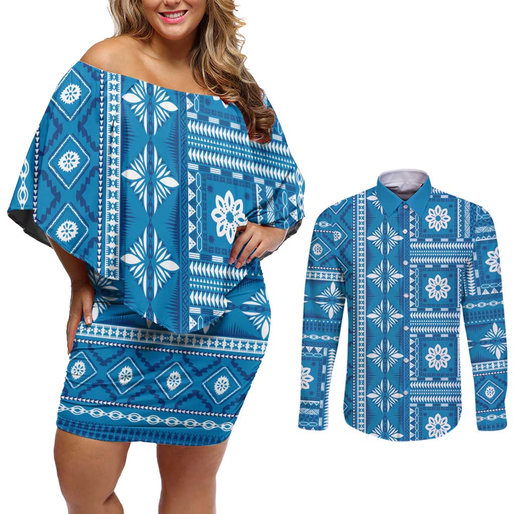 Fiji Masi All Blue Couples Matching Off Shoulder Short Dress and Long Sleeve Button Shirt Tapa Pattern LT01 Blue - Polynesian Pride