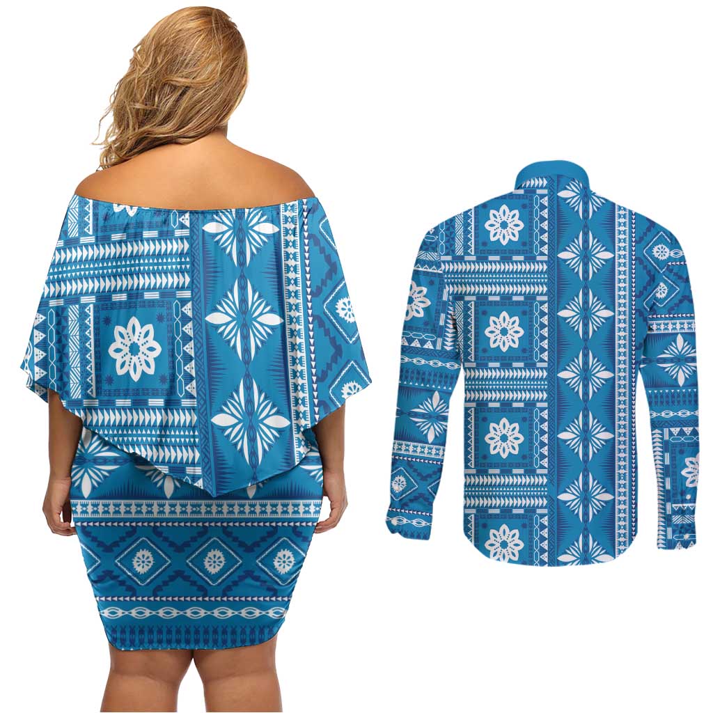 Fiji Masi All Blue Couples Matching Off Shoulder Short Dress and Long Sleeve Button Shirt Tapa Pattern LT01 - Polynesian Pride