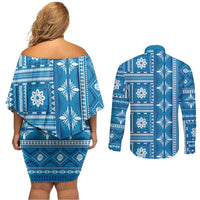 Fiji Masi All Blue Couples Matching Off Shoulder Short Dress and Long Sleeve Button Shirt Tapa Pattern LT01 - Polynesian Pride