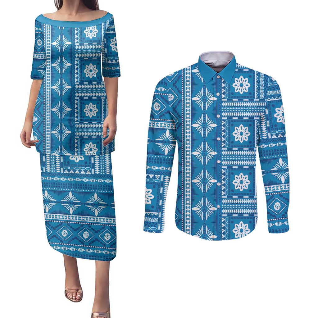 Fiji Masi All Blue Couples Matching Puletasi and Long Sleeve Button Shirt Tapa Pattern LT01 Blue - Polynesian Pride