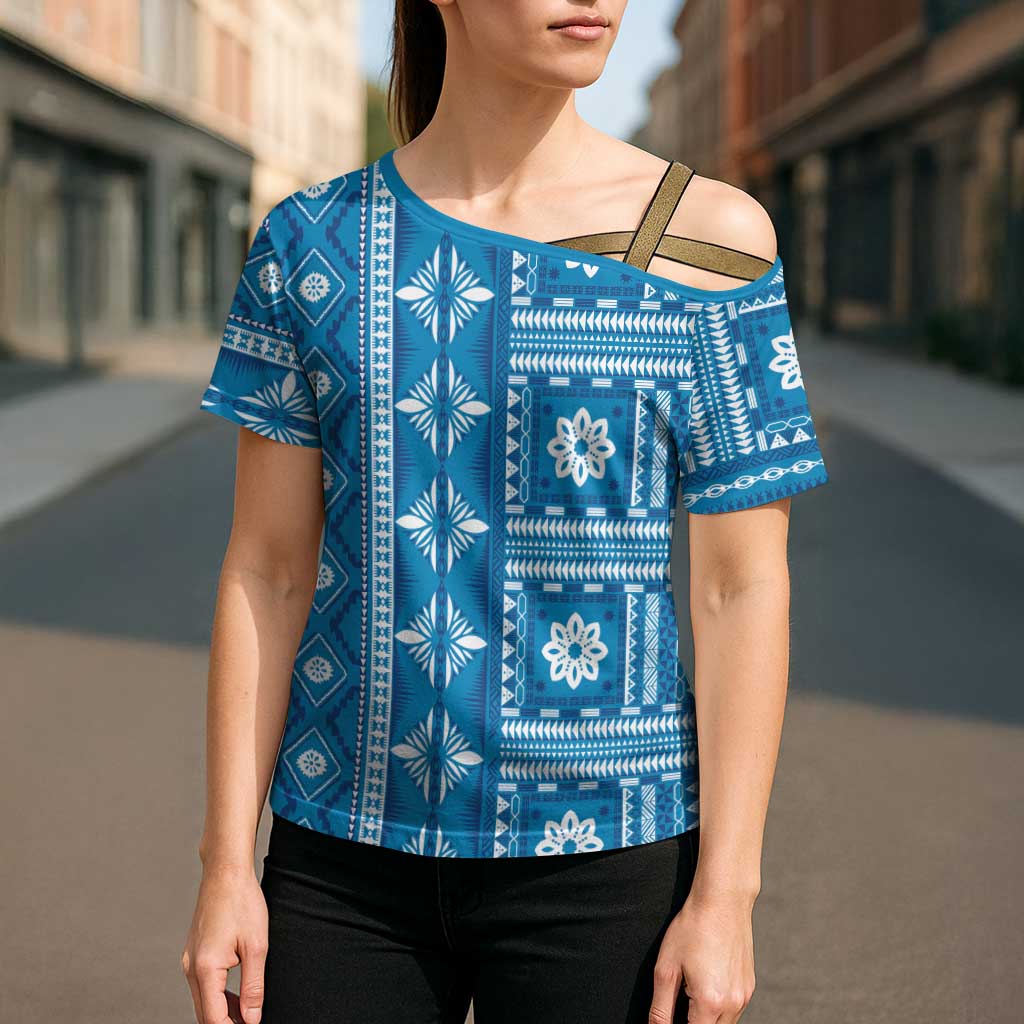 Fiji Masi All Blue Cross Shoulder Shirt Tapa Pattern - Polynesian Pride