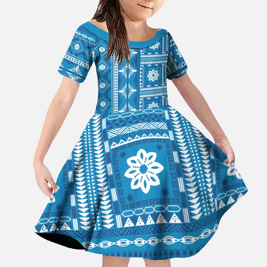 Fiji Masi All Blue Family Matching Long Sleeve Bodycon Dress and Hawaiian Shirt Tapa Pattern - Polynesian Pride