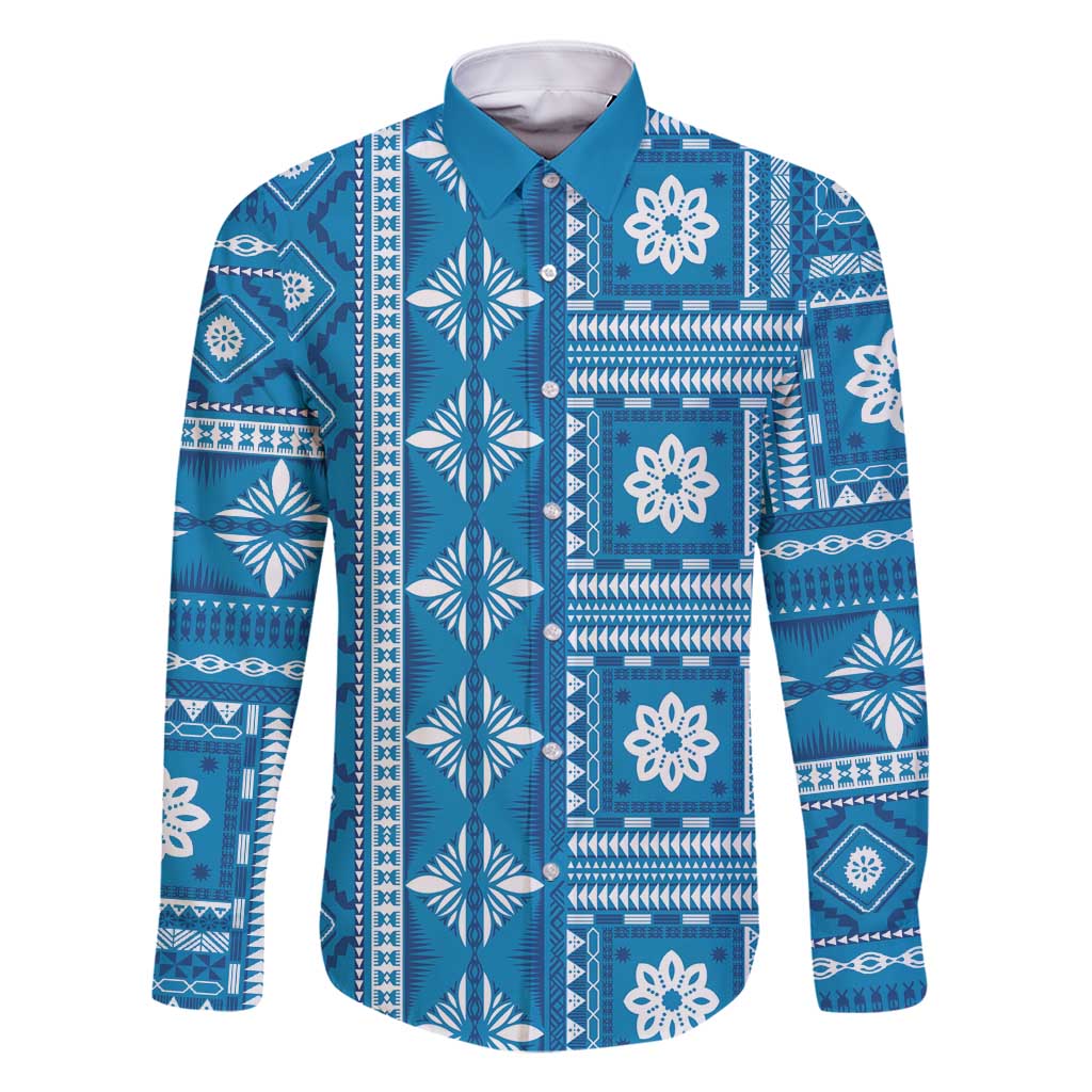 Fiji Masi All Blue Family Matching Mermaid Dress and Hawaiian Shirt Tapa Pattern - Polynesian Pride