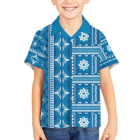 Fiji Masi All Blue Family Matching Off The Shoulder Long Sleeve Dress and Hawaiian Shirt Tapa Pattern - Polynesian Pride