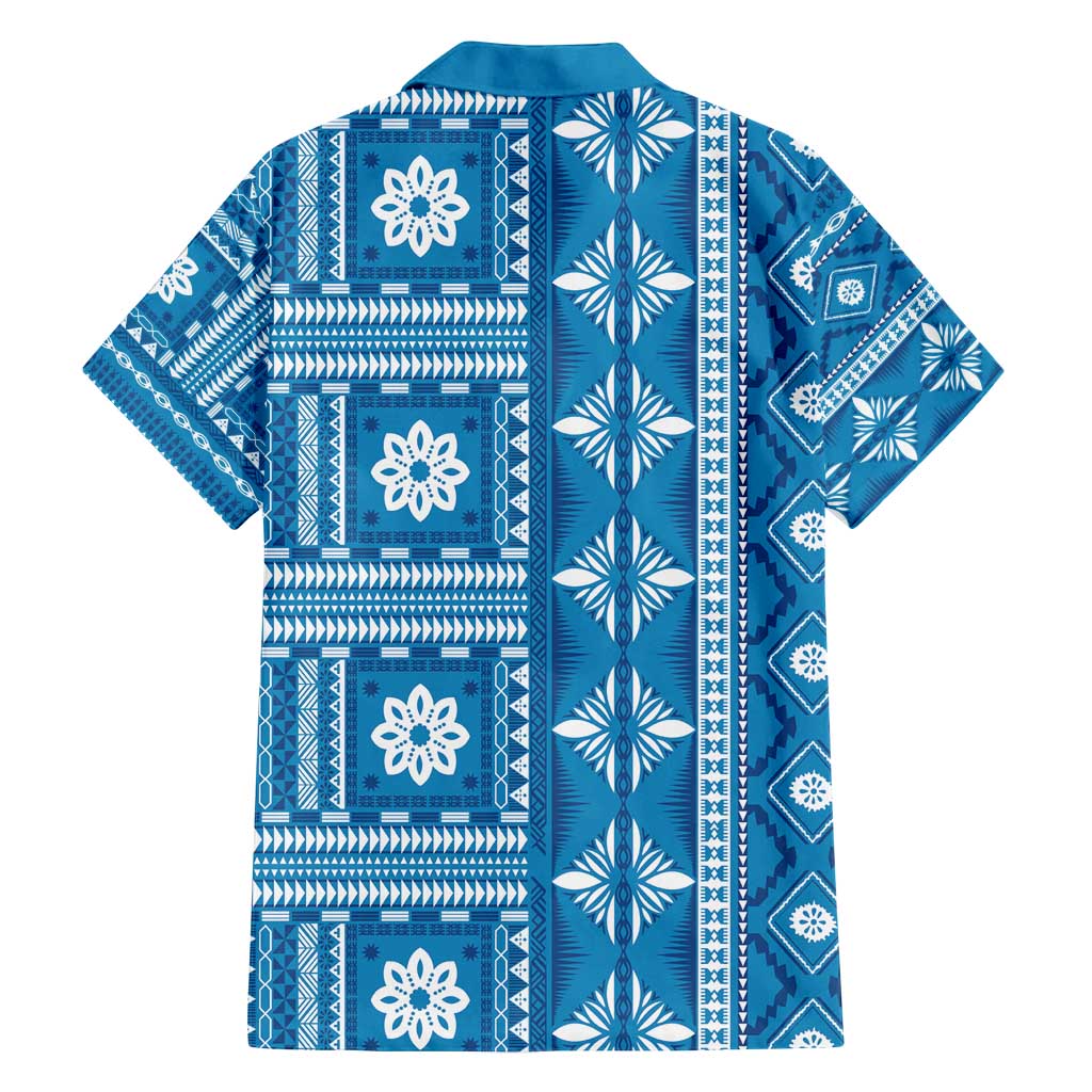 Fiji Masi All Blue Family Matching Off Shoulder Short Dress and Hawaiian Shirt Tapa Pattern - Polynesian Pride