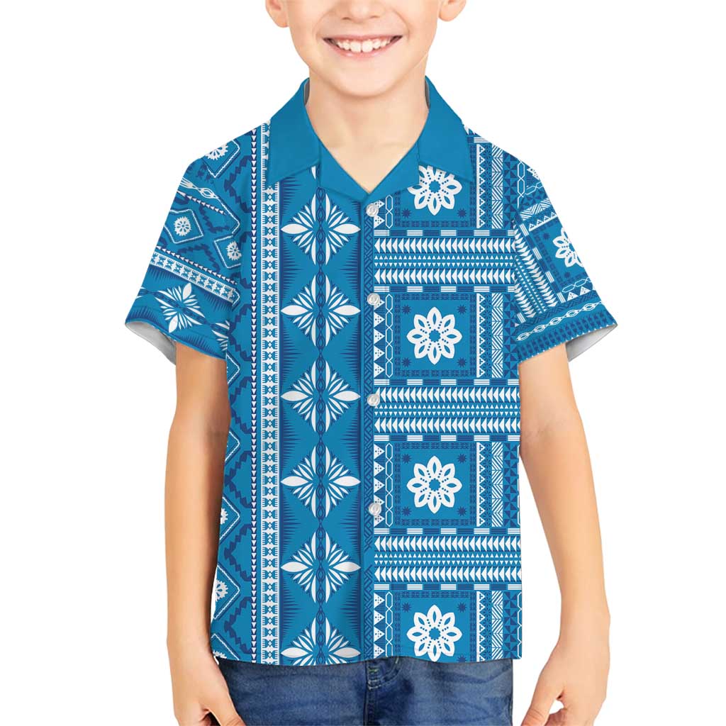 Fiji Masi All Blue Family Matching Puletasi and Hawaiian Shirt Tapa Pattern - Polynesian Pride