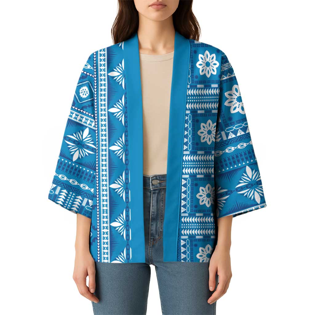Fiji Masi All Blue Kimono Tapa Pattern - Polynesian Pride