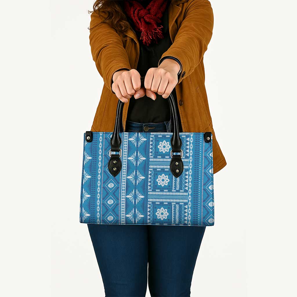 Fiji Masi All Blue Leather Bag Tapa Pattern - Polynesian Pride