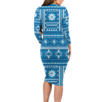 Fiji Masi All Blue Long Sleeve Bodycon Dress Tapa Pattern - Polynesian Pride