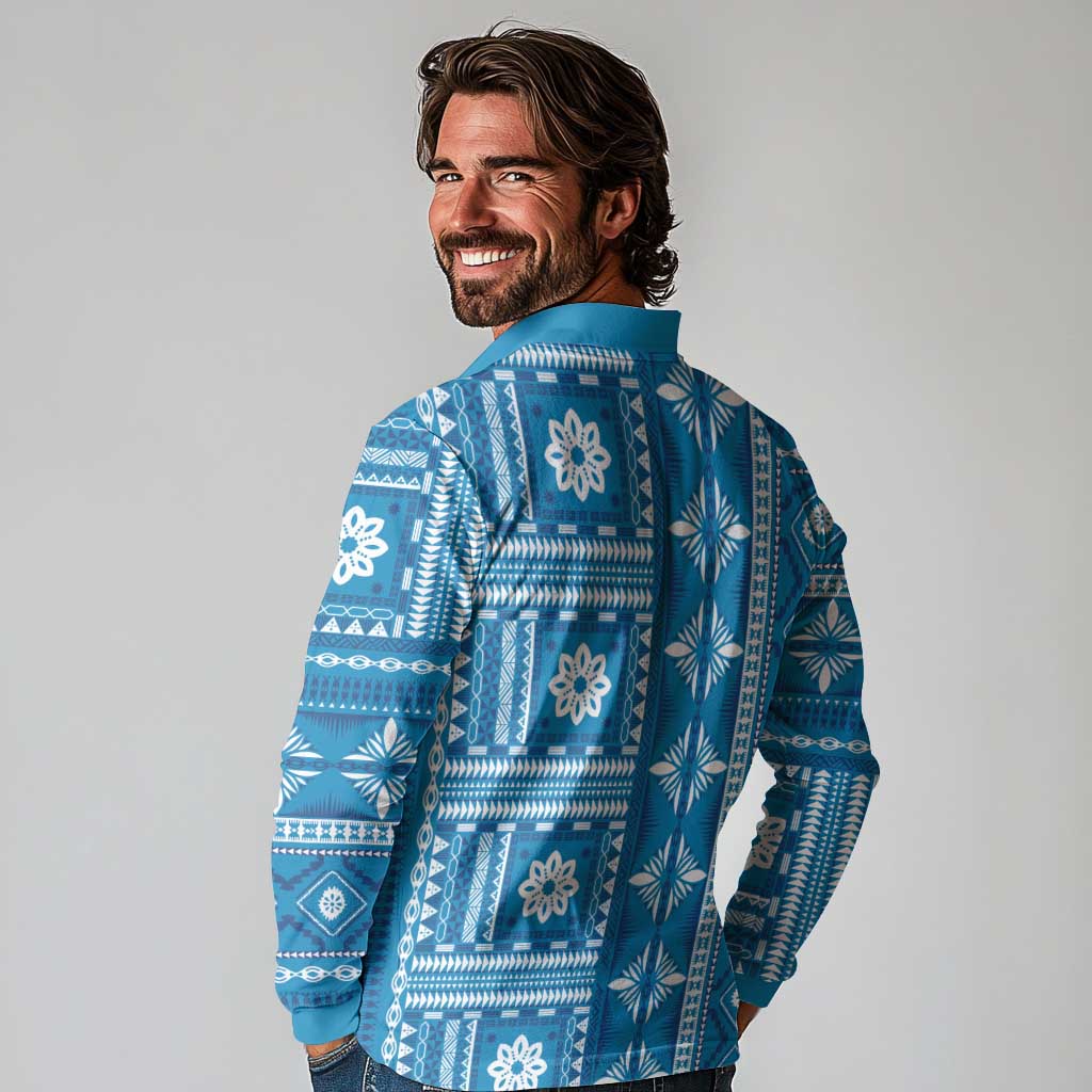 Fiji Masi All Blue Long Sleeve Polo Shirt Tapa Pattern - Polynesian Pride