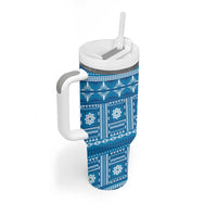 Fiji Masi All Blue Tumbler With Handle Tapa Pattern - Polynesian Pride