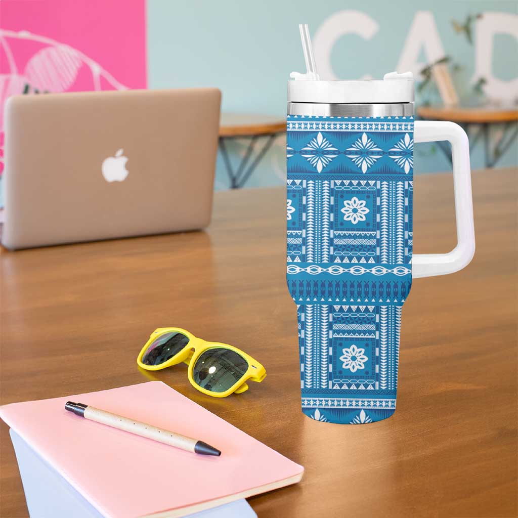 Fiji Masi All Blue Tumbler With Handle Tapa Pattern - Polynesian Pride