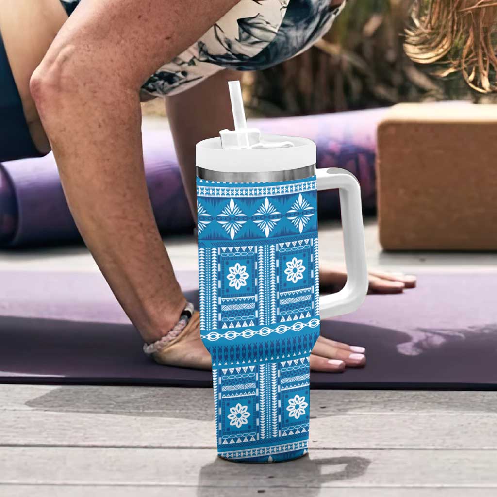 Fiji Masi All Blue Tumbler With Handle Tapa Pattern - Polynesian Pride