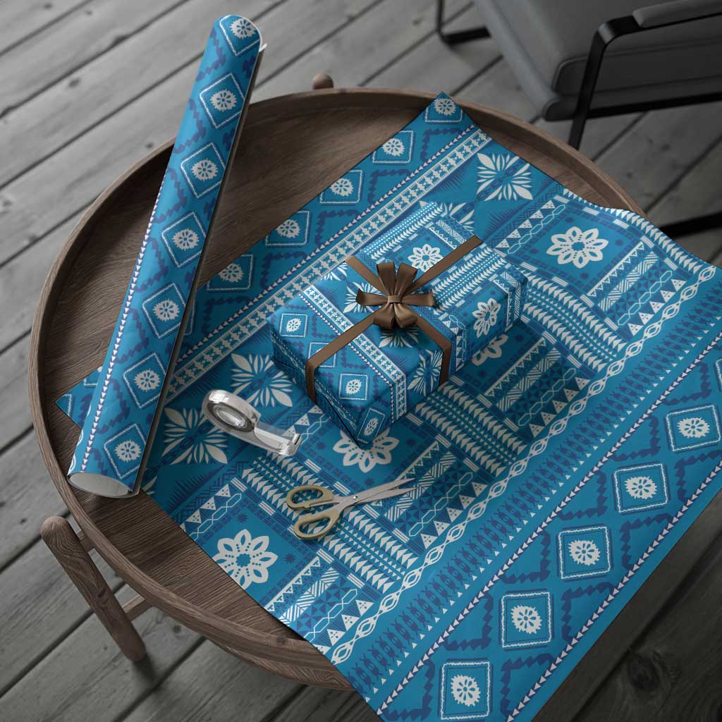 Fiji Masi All Blue Wrapping Paper Tapa Pattern - Polynesian Pride